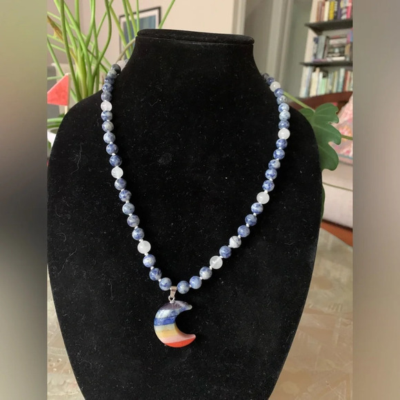 Crazy Cat Madame Jewelry Jewelry - Silk Knotted Blue Spot Jasper and White Jade Necklace